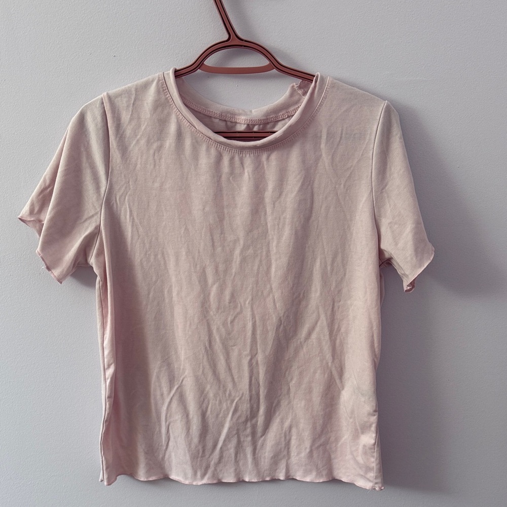 Soft Pink Short Sleeve T Shirt with Ruffle Neck